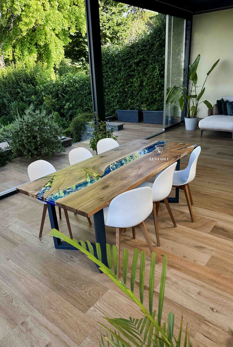 Blue and white epoxy table in walnut wood, various sizes Talasso