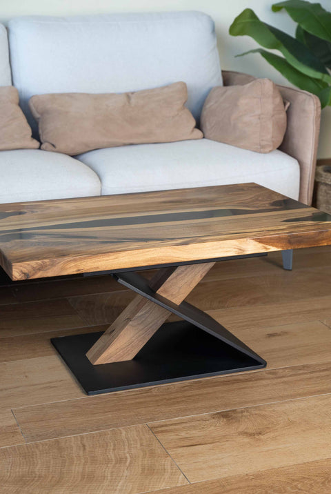 Solid walnut wood coffee table with smoke epoxy 90x60cm Orion