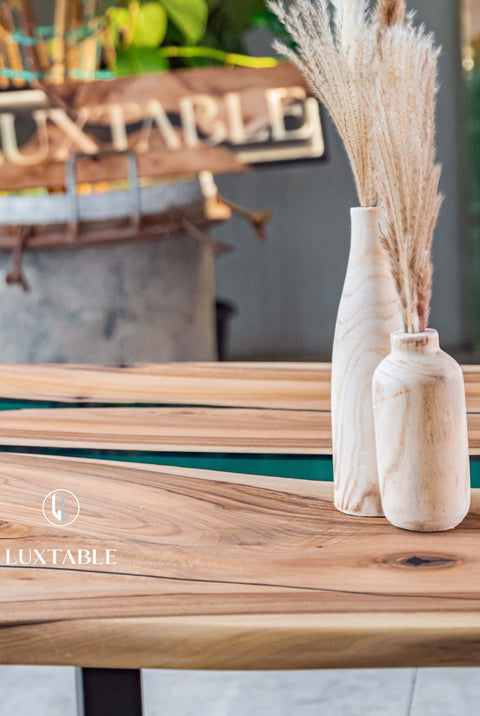 Green epoxy resin table in European walnut wood, custom size Greenland