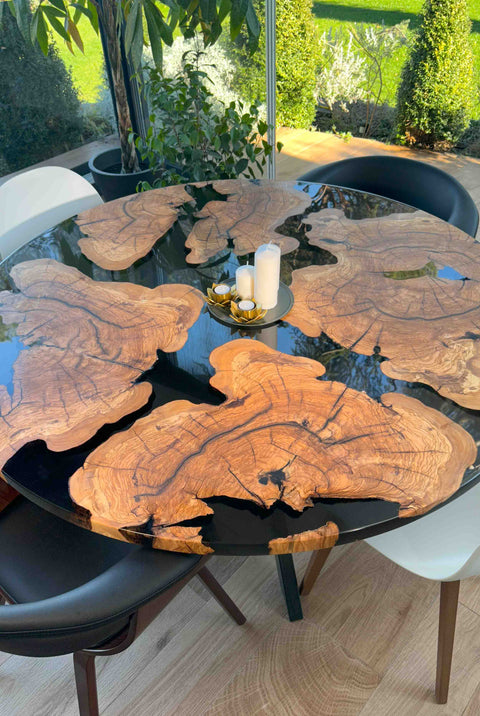Round smoke gray resin table in olive wood, custom size Notte Marocchina