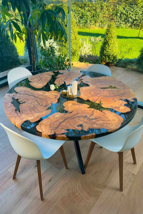 Round smoke gray resin table in olive wood, custom size Notte Marocchina