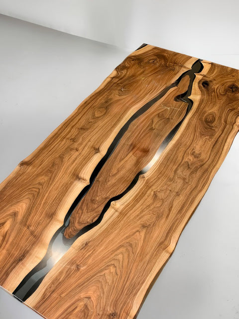 Epoxy table in solid walnut with smoky resin and live edge Island