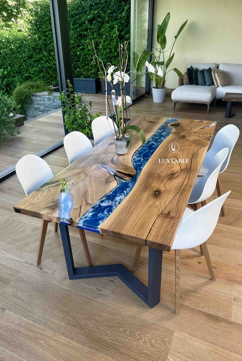 Blue and white epoxy table in walnut wood, various sizes Talasso
