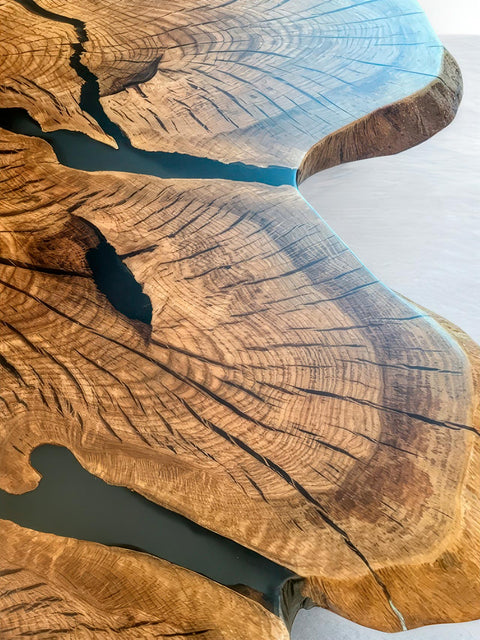Organic coffee table from oak roots with smoky matte resin Vista