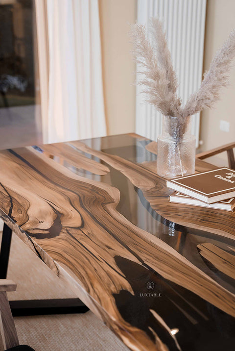 Solid walnut wood table with smoke gray epoxy, cusom size Nairobi