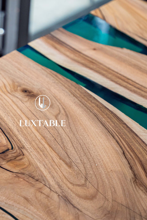 Green epoxy resin table in European walnut wood, custom size Greenland