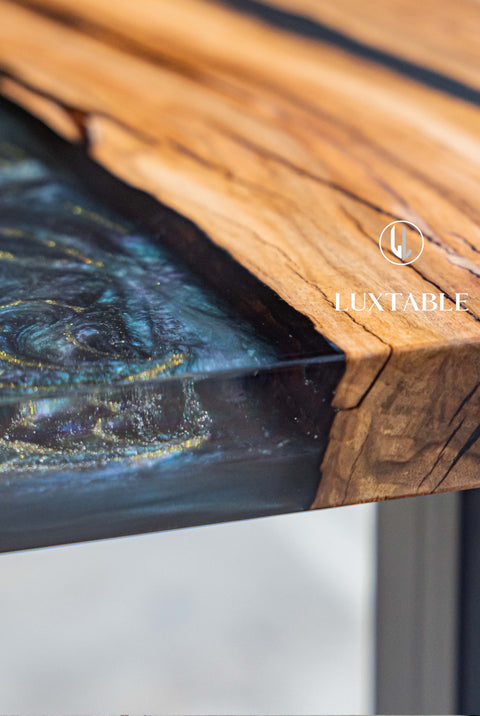 Walnut wood table with blu and gold resin, various sizes Maleficenta