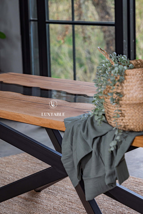 Oak resin table with smoke gray epoxy, custom size Frida