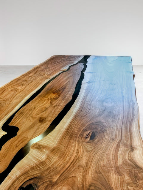 Epoxy table in solid walnut with smoky resin and live edge Island