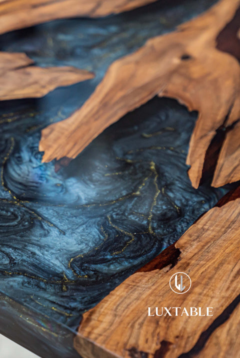 Walnut wood table with blu and gold resin, various sizes Maleficenta