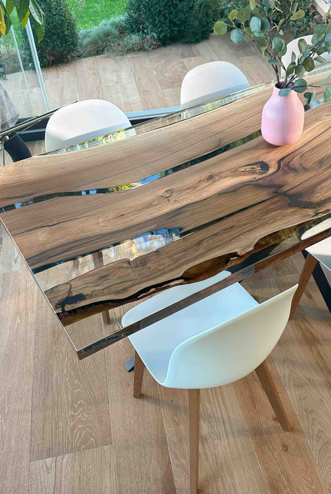 Clear and blue epoxy river table in walnut wood, custom size Armonia