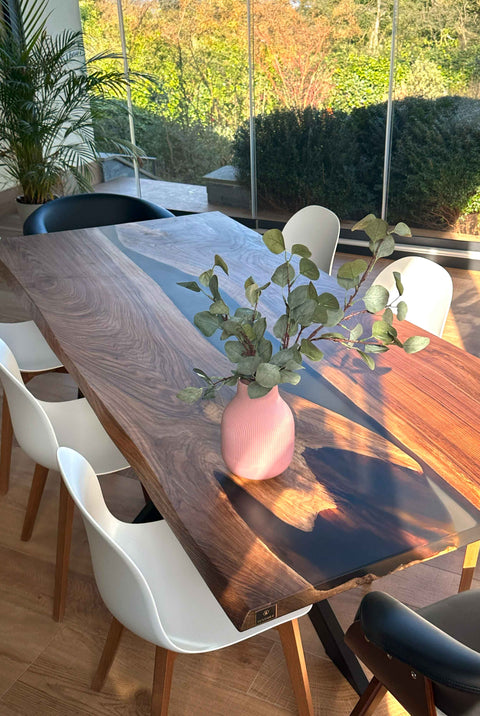 Smoke gray epoxy resin table in walnut wood, custom size Romano