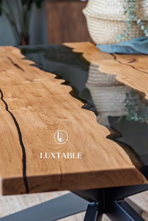 Oak resin table with smoke gray epoxy, custom size Frida