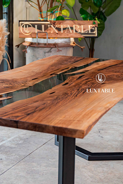 Smoke gray resin table in European walnut, custom size Felino
