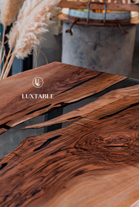 Smoke gray resin table in European walnut, custom size Felino