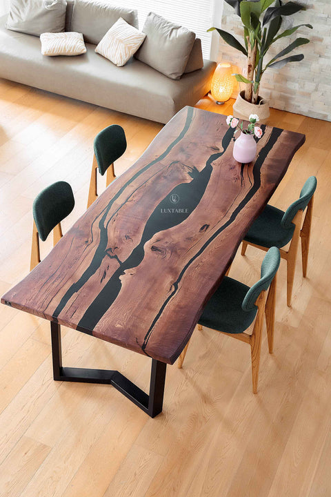 Epoxy table in solid oak and black resin custom size Nocturne
