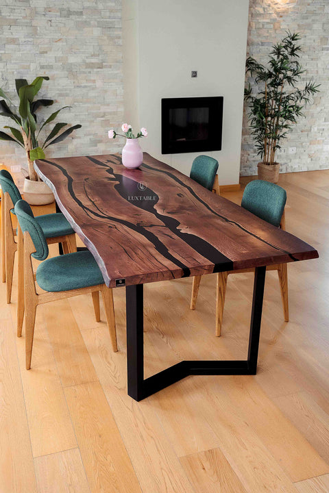 Epoxy table in solid oak and black resin custom size Nocturne