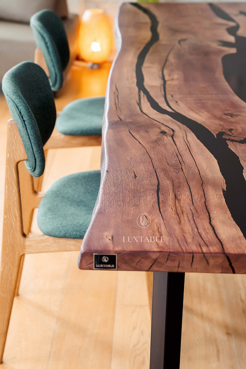 Epoxy table in solid oak and black resin custom size Nocturne