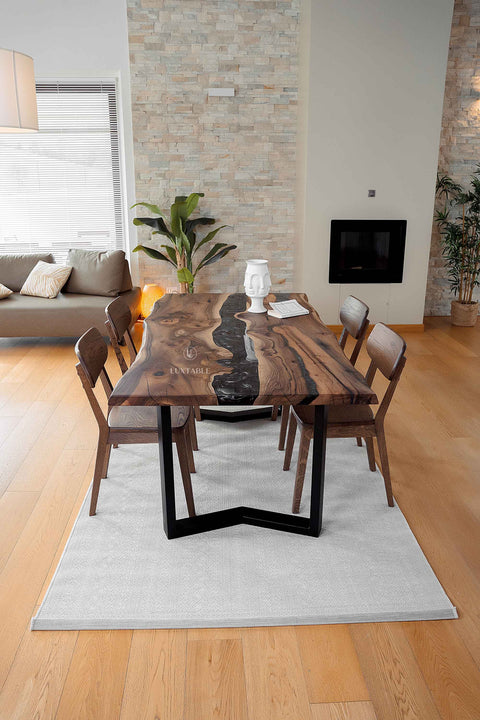 Solid walnut wood dining table black epoxy 180x90cm Galassia