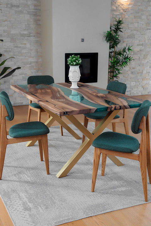 Massivholztisch Venezia aus Nussbaum mit minzgrünem Epoxidharz