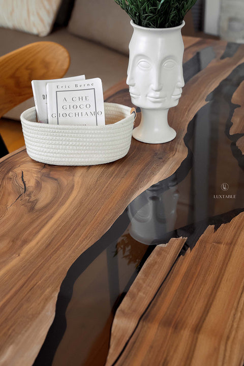 Solid walnut wood dining table smoke gray epoxy, custom size Riverstone