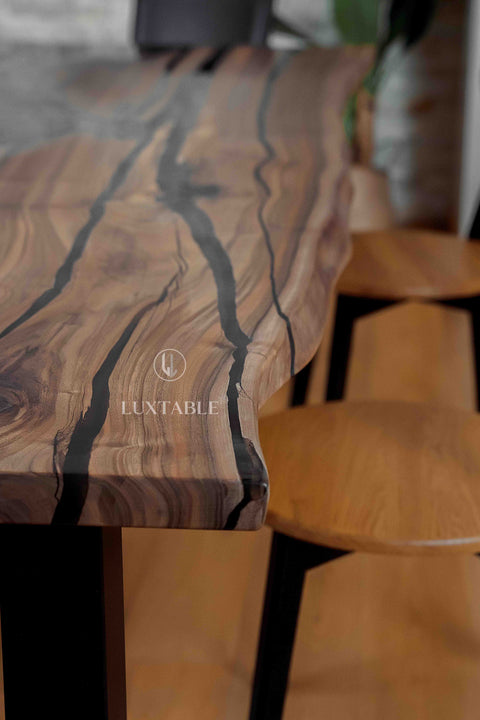 Solid walnut wood dining table smoke gray epoxy, custom size Riverstone