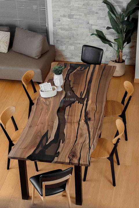 Solid walnut wood dining table smoke gray epoxy, custom size Riverstone