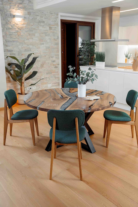 Epoxy river table in walnut wood and silver resin 140x140cm Cristallo