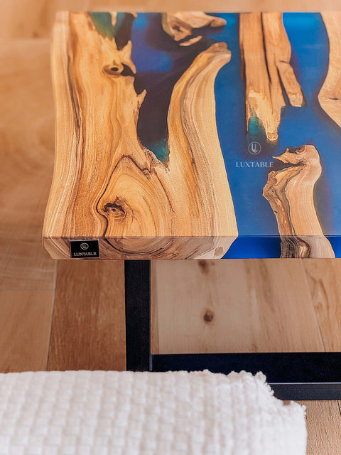 Walnut wood coffee table with blue epoxy, custom size Ocean Breeze