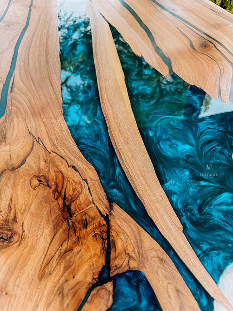 Walnut wood dining table with turquoise resin, custom size Oceania