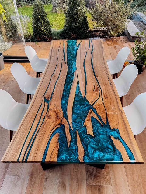 Walnut wood dining table with turquoise resin, custom size Oceania