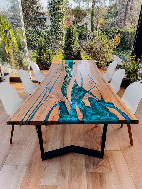 Walnut wood dining table with turquoise resin, custom size Oceania