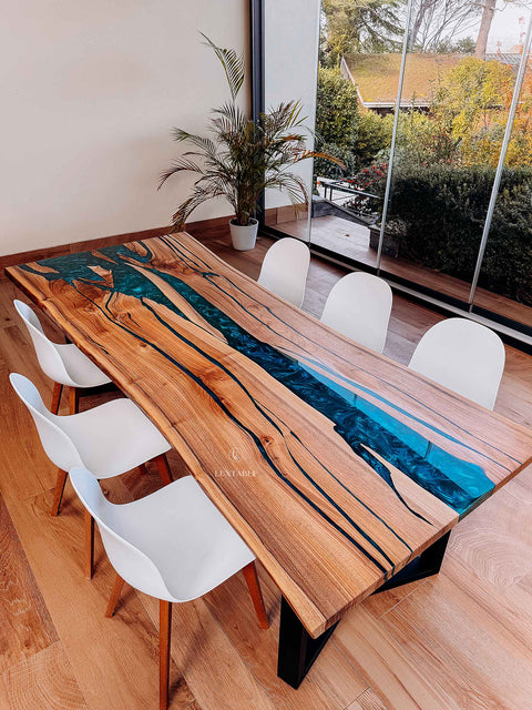 Walnut wood dining table with turquoise resin, custom size Oceania