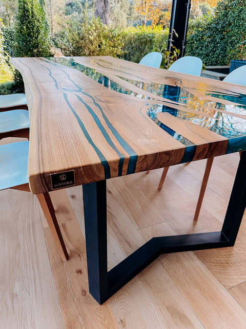 Walnut wood dining table with turquoise resin, custom size Oceania