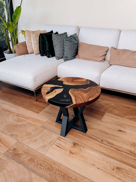 Black epoxy coffee table in solid walnut, custom size Noir