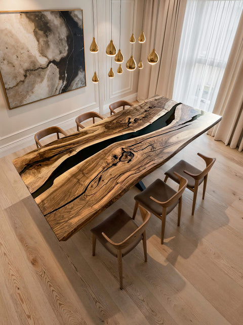 Dining table in solid walnut and smoky matte epoxy resin Radiance