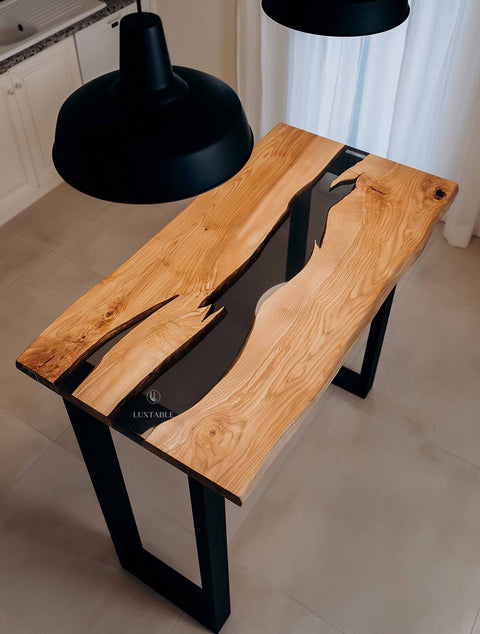 Resin table in ash wood with smoke gray epoxy, various sizes Belladonna