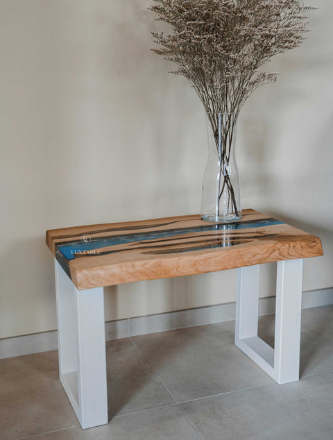 Custom ash wood coffee table with blue epoxy 60x30cm Marea