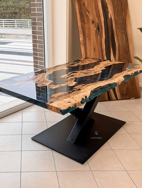 Custom olive wood and turquoise resin table 180x90cm Camaleonte