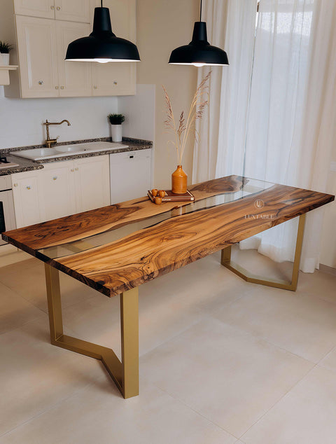 European walnut wood table with clear epoxy 220x95cm Celestina
