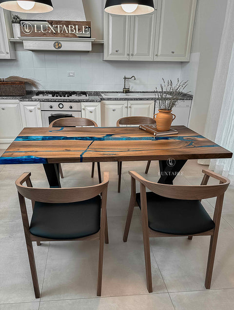 Walnut wood epoxy table with metallic blue resin, custom size Mezzanotte