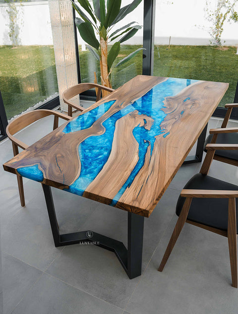 Solid walnut wood table with blue resin 185x90cm Wave