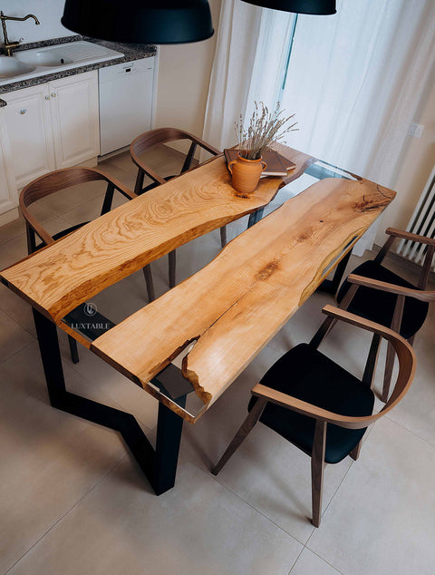 Solid wood dining table with clear epoxy, custom size Fiorenza