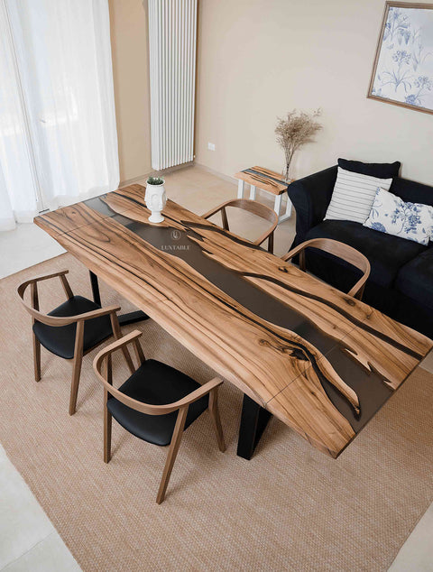 Custom black epoxy table in walnut wood, custom sizes Etna