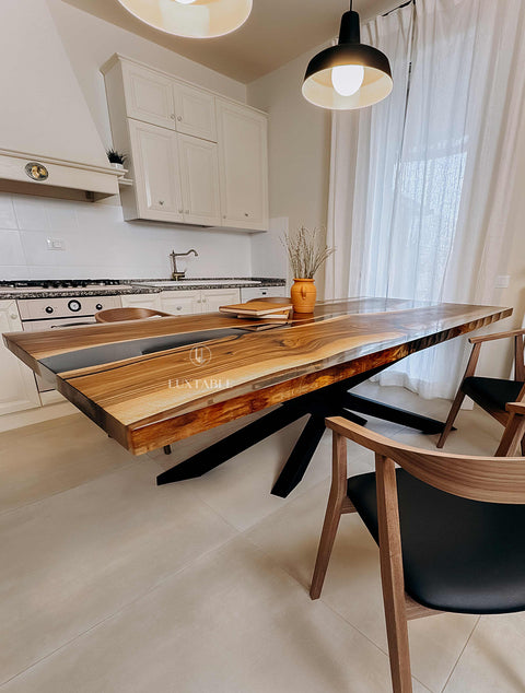 Smoke gray resin table in walnut, custom size La Stella del Mattino