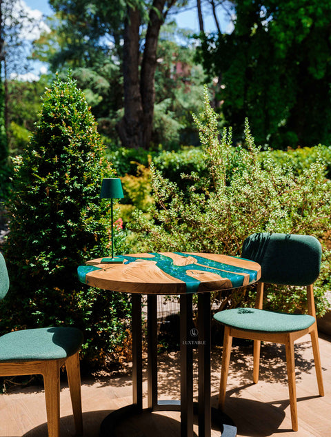Solid oak resin table with turquoise epoxy 80x80cm Sirena