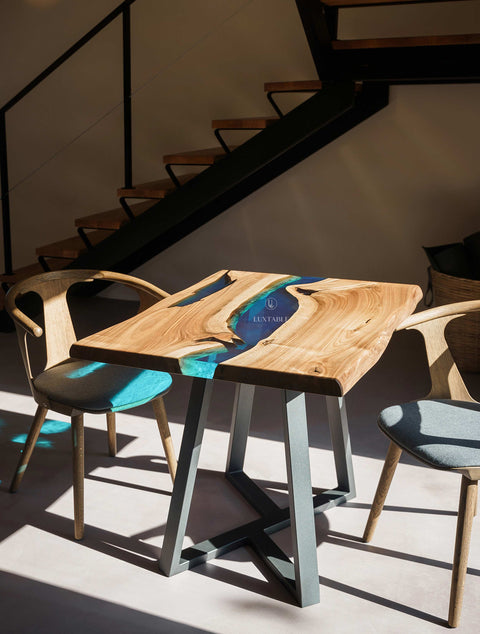 Walnut wood table with glossy blue epoxy resin, custom size Bleur