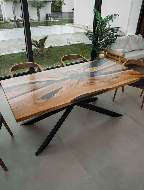 Walnut resin dining table with smoke gray epoxy 190x90cm Bali