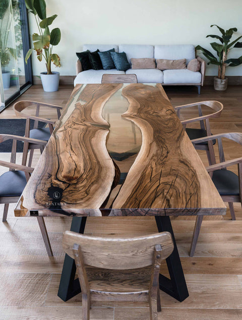Tavolo in legno massello artigianale e resina trasparente 300x100cm Abisso