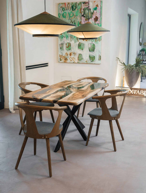 Solid walnut wood table with smoke gray epoxy resin, custom size Fiorella